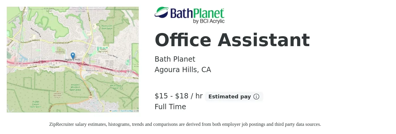 Bath Planet job posting for a Office Assistant in Agoura Hills, CA with a salary of $16 to $19 Hourly with a map of Agoura Hills location.