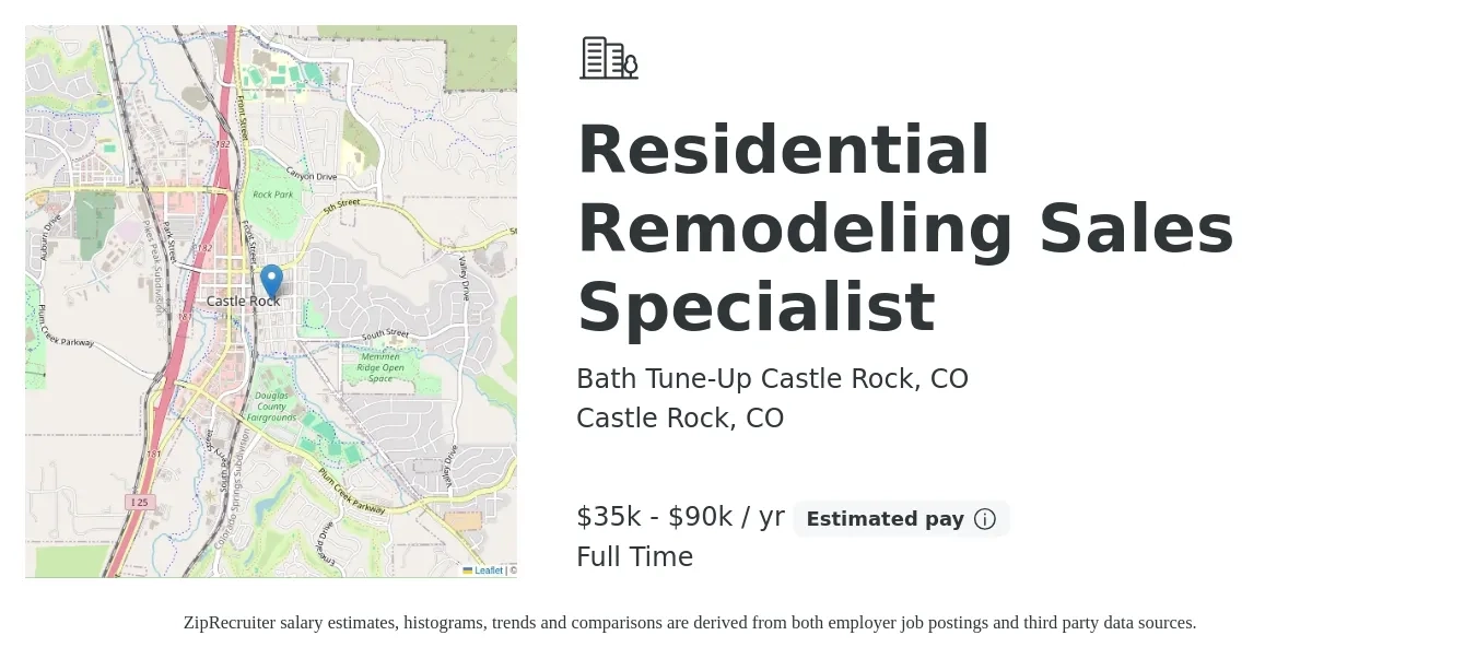 Bath Tune-Up Castle Rock, CO job posting for a Residential Remodeling Sales Specialist in Castle Rock, CO with a salary of $35,000 to $90,000 Yearly with a map of Castle Rock location.