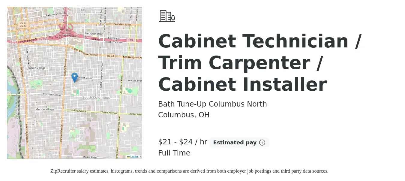 Bath Tune-Up Columbus North job posting for a Cabinet Technician / Trim Carpenter / Cabinet Installer in Columbus, OH with a salary of $22 to $25 Hourly with a map of Columbus location.
