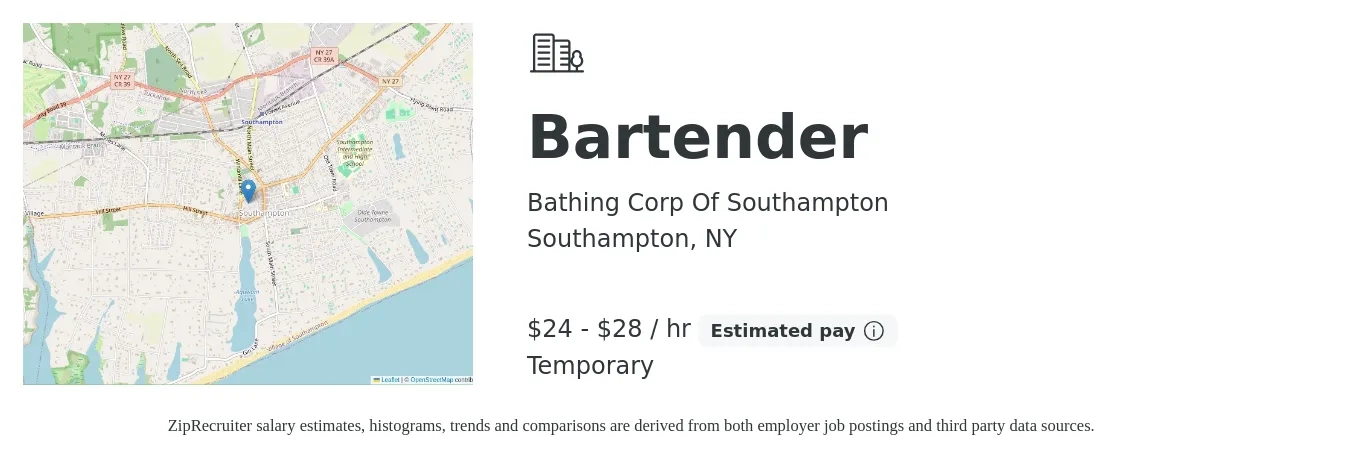 Bathing Corp Of Southampton job posting for a Bartender in Southampton, NY with a salary of $25 to $30 Hourly with a map of Southampton location.