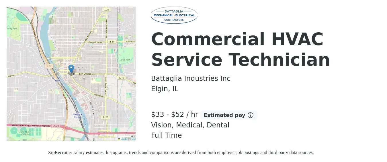 Battaglia Industries Inc job posting for a Commercial HVAC Service Technician in Elgin, IL with a salary of $35 to $55 Hourly and benefits including vision, dental, medical, and retirement with a map of Elgin location.
