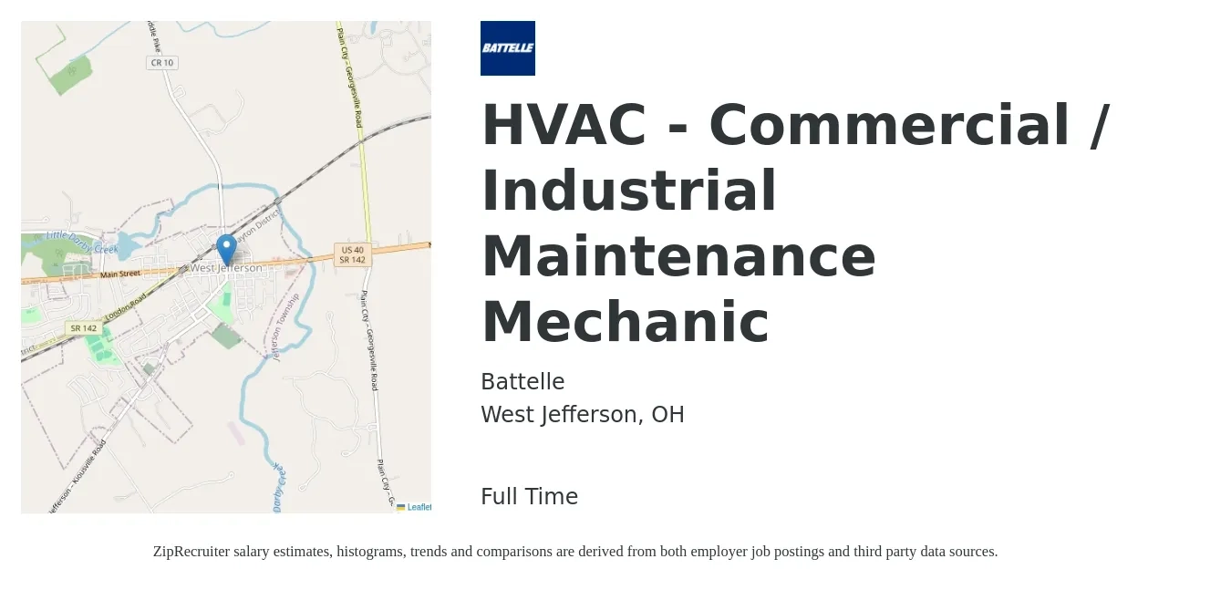 Battelle job posting for a HVAC - Commercial / Industrial Maintenance Mechanic in West Jefferson, OH with a salary of $24 to $33 Hourly with a map of West Jefferson location.