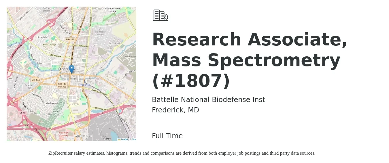 Battelle National Biodefense Inst job posting for a Research Associate, Mass Spectrometry (#1807) in Frederick, MD with a salary of $27 to $38 Hourly with a map of Frederick location.