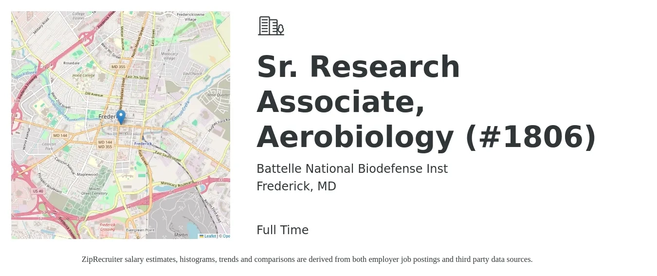 Battelle National Biodefense Inst job posting for a Sr. Research Associate, Aerobiology (#1806) in Frederick, MD with a salary of $39 to $52 Hourly with a map of Frederick location.