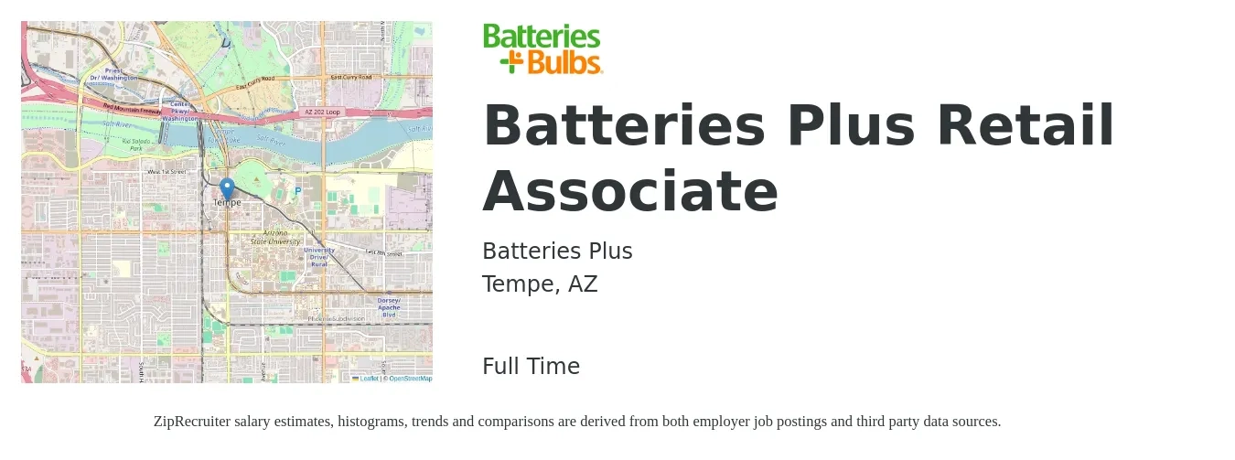 Batteries Plus job posting for a Batteries Plus Retail Associate in Tempe, AZ with a salary of $14 to $17 Hourly with a map of Tempe location.
