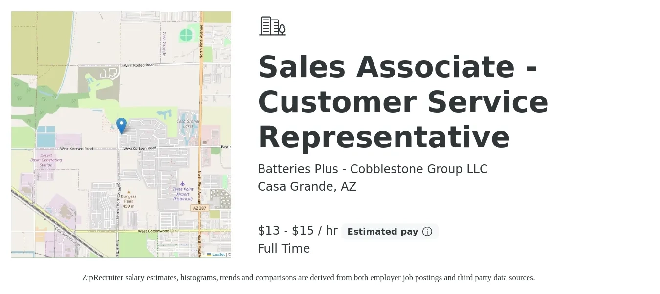Batteries Plus - Cobblestone Group LLC job posting for a Sales Associate - Customer Service Representative in Casa Grande, AZ with a salary of $14 to $16 Hourly with a map of Casa Grande location.