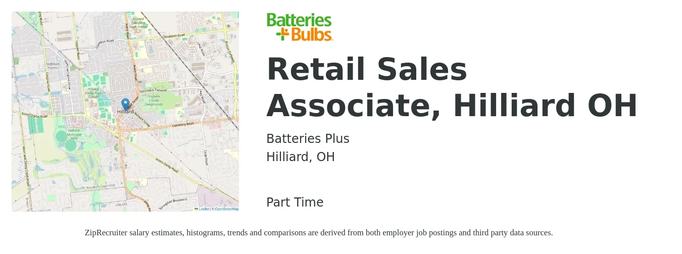 Batteries Plus job posting for a Retail Sales Associate, Hilliard OH in Hilliard, OH with a salary of $14 to $16 Hourly with a map of Hilliard location.