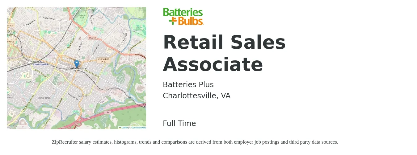 Batteries Plus job posting for a Retail Sales Associate in Charlottesville, VA with a salary of $15 to $17 Hourly with a map of Charlottesville location.
