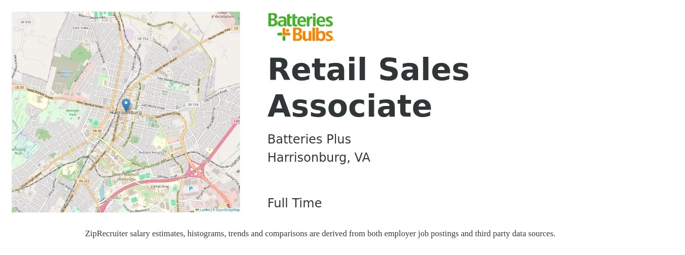 Batteries Plus job posting for a Retail Sales Associate in Harrisonburg, VA with a salary of $14 to $16 Hourly with a map of Harrisonburg location.