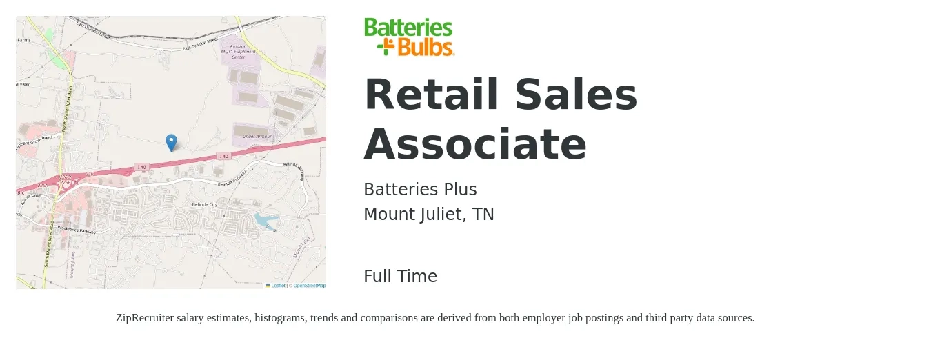 Batteries Plus job posting for a Retail Sales Associate in Mount Juliet, TN with a salary of $14 to $16 Hourly with a map of Mount Juliet location.