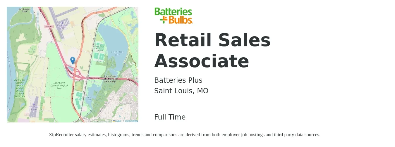 Batteries Plus job posting for a Retail Sales Associate in Saint Louis, MO with a salary of $14 to $16 Hourly with a map of Saint Louis location.