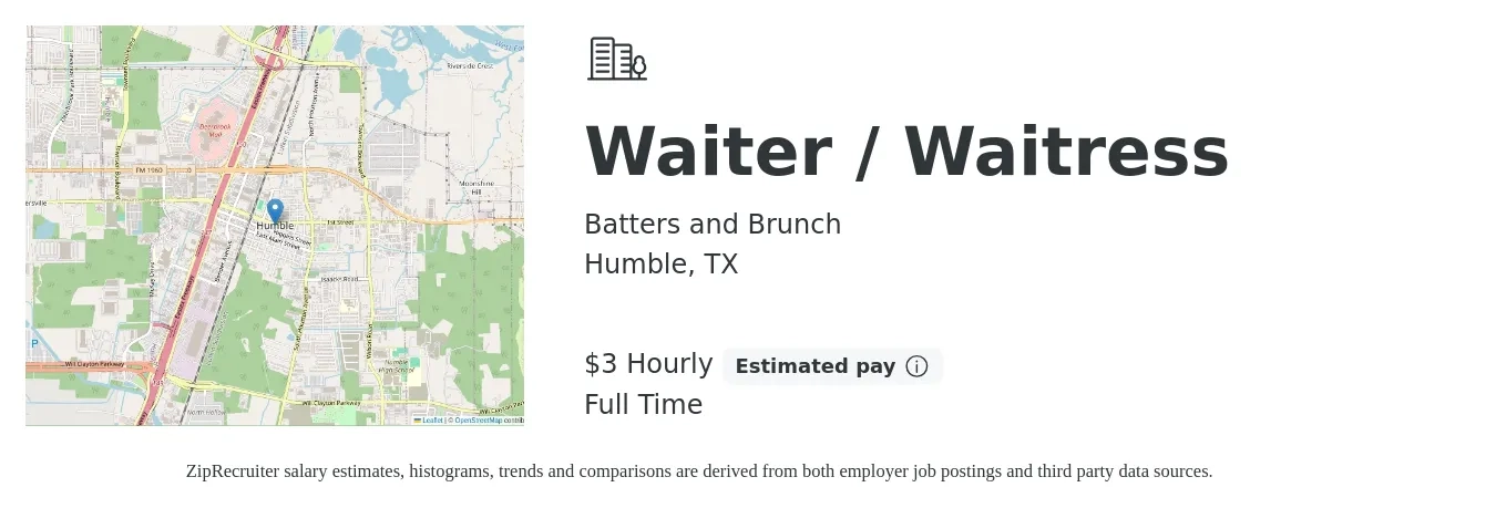 Batters and Brunch job posting for a Waiter / Waitress in Humble, TX with a salary of $4 Hourly (plus commission) and benefits including pto with a map of Humble location.