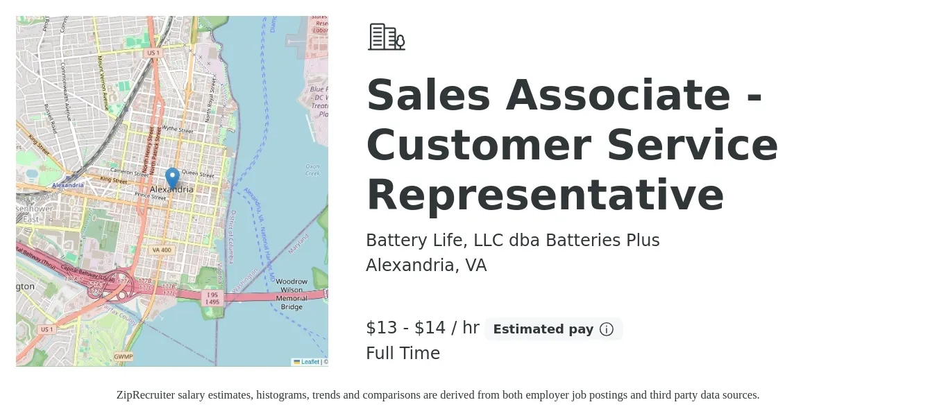 Battery Life, LLC dba Batteries Plus job posting for a Sales Associate - Customer Service Representative in Alexandria, VA with a salary of $14 to $15 Hourly with a map of Alexandria location.