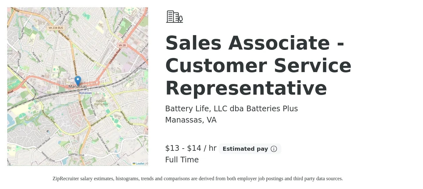 Battery Life, LLC dba Batteries Plus job posting for a Sales Associate - Customer Service Representative in Manassas, VA with a salary of $14 to $15 Hourly with a map of Manassas location.