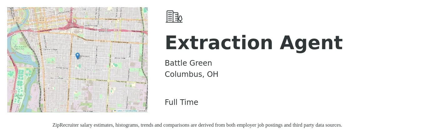 Battle Green job posting for a Extraction Agent in Columbus, OH with a salary of $32,800 to $49,300 Yearly with a map of Columbus location.