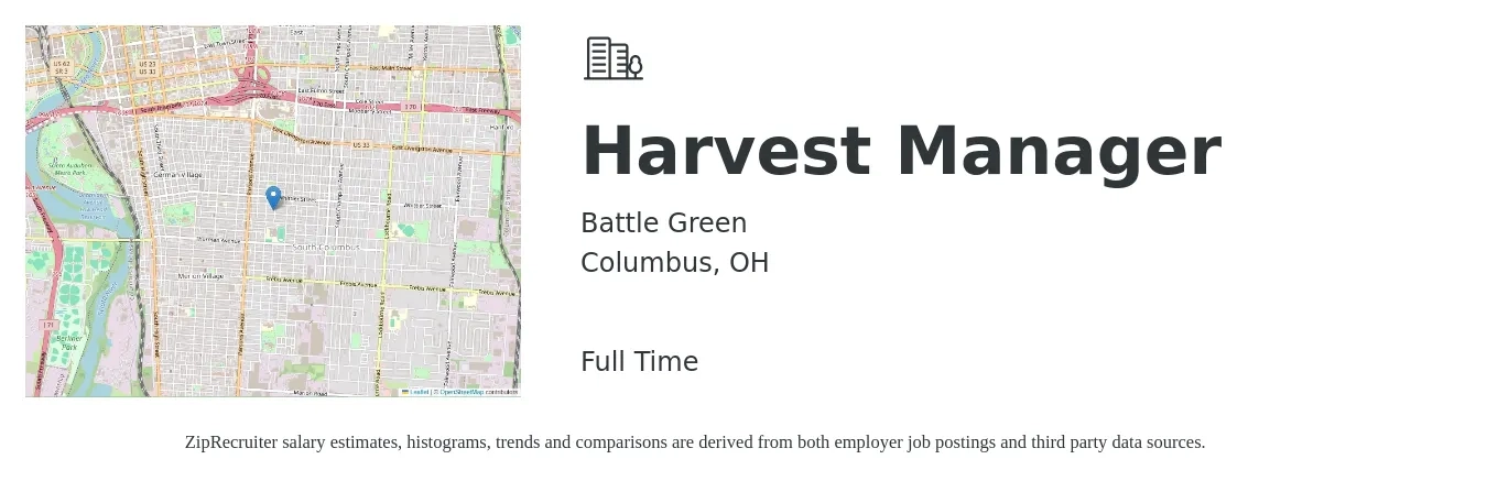 Battle Green job posting for a Harvest Manager in Columbus, OH with a salary of $40,600 to $66,200 Yearly with a map of Columbus location.