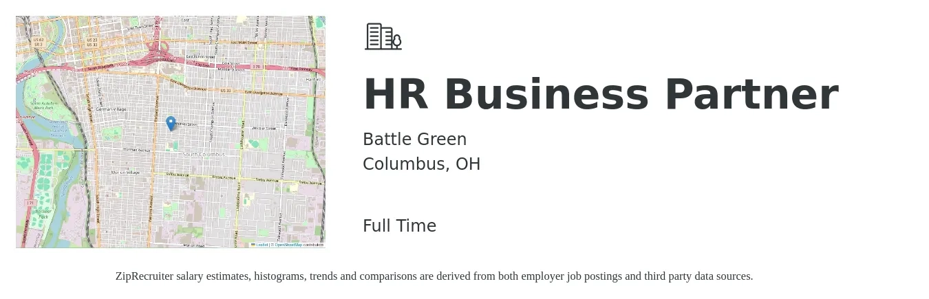 Battle Green job posting for a HR Business Partner in Columbus, OH with a salary of $69,500 to $99,000 Yearly with a map of Columbus location.