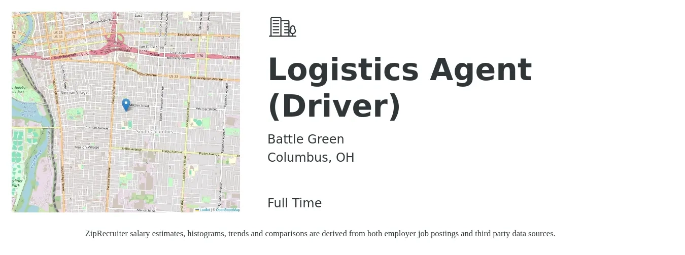 Battle Green job posting for a Logistics Agent (Driver) in Columbus, OH with a salary of $18 to $26 Hourly with a map of Columbus location.