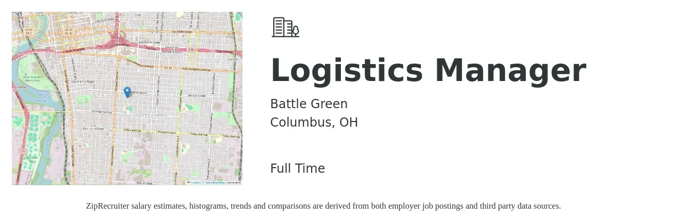 Battle Green job posting for a Logistics Manager in Columbus, OH with a salary of $54,600 to $87,400 Yearly with a map of Columbus location.
