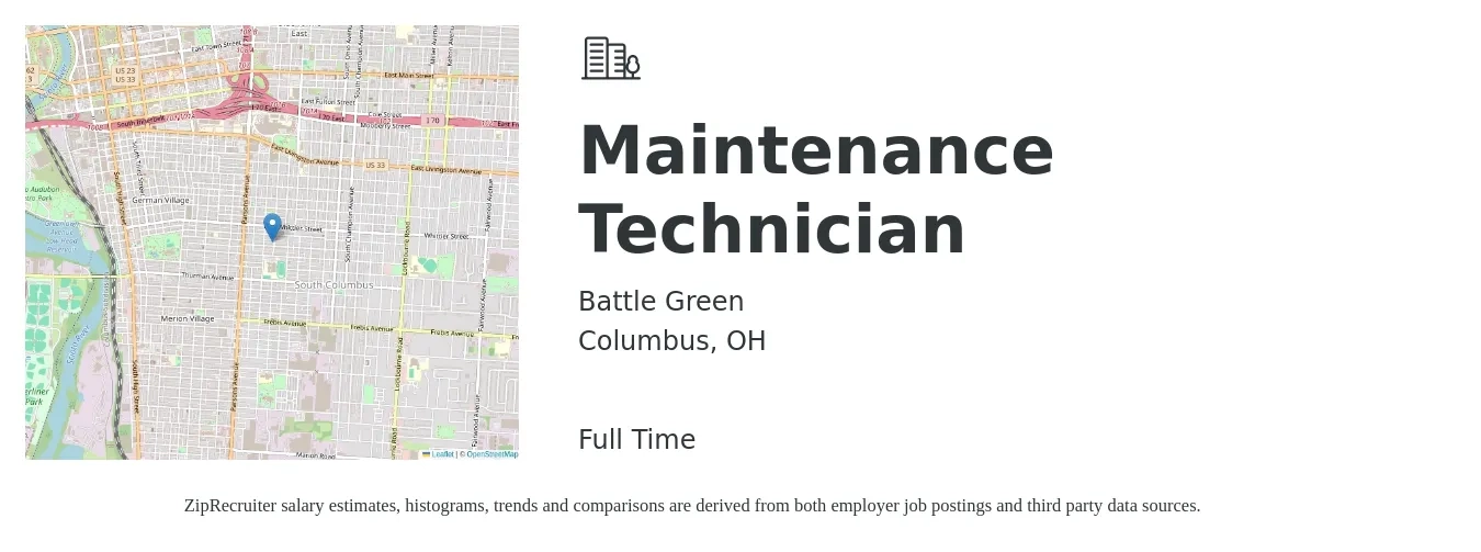 Battle Green job posting for a Maintenance Technician in Columbus, OH with a salary of $18 to $26 Hourly with a map of Columbus location.