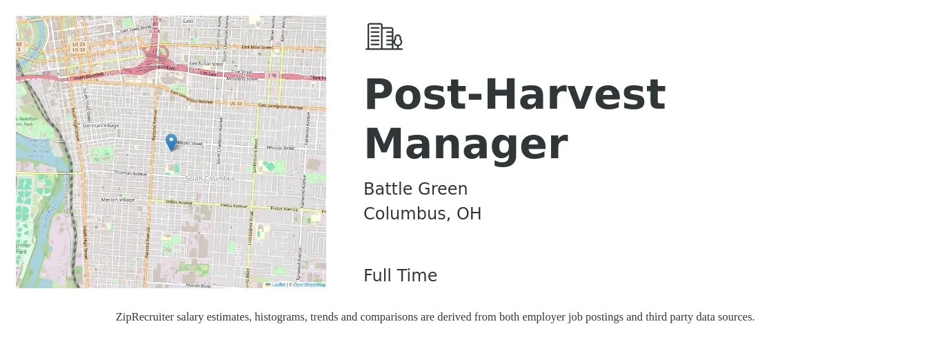 Battle Green job posting for a Post-Harvest Manager in Columbus, OH with a salary of $40,600 to $66,200 Yearly with a map of Columbus location.