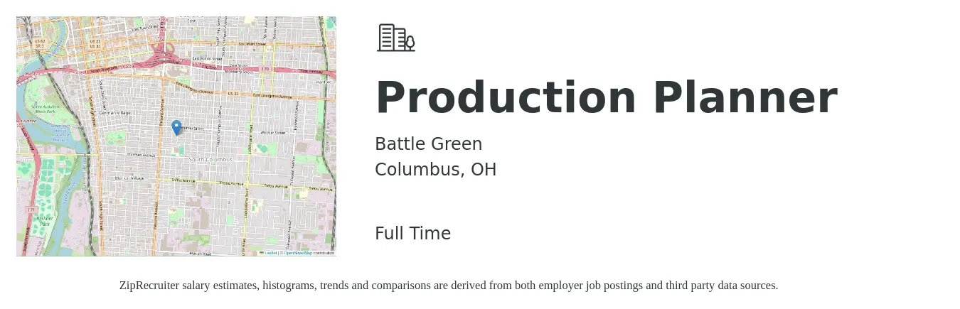 Battle Green job posting for a Production Planner in Columbus, OH with a salary of $25 to $35 Hourly with a map of Columbus location.