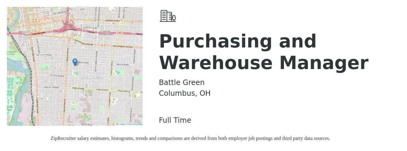Battle Green job posting for a Purchasing and Warehouse Manager in Columbus, OH with a salary of $62,800 to $96,600 Yearly with a map of Columbus location.