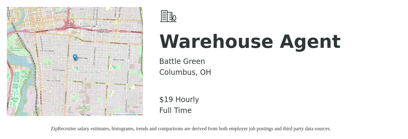 Battle Green job posting for a Warehouse Agent in Columbus, OH with a salary of $16 to $18 Hourly with a map of Columbus location.