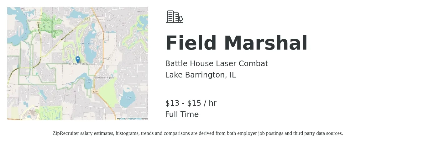 Battle House Laser Combat job posting for a Field Marshal in Lake Barrington, IL with a salary of $14 to $16 Hourly with a map of Lake Barrington location.