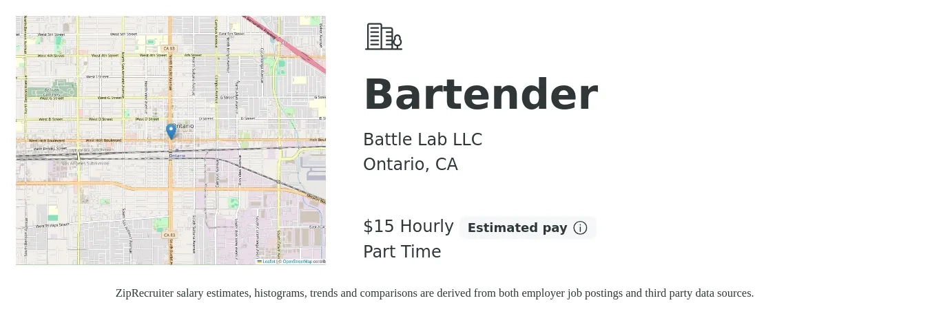 Battle Lab LLC job posting for a Bartender in Ontario, CA with a salary of $16 Hourly with a map of Ontario location.