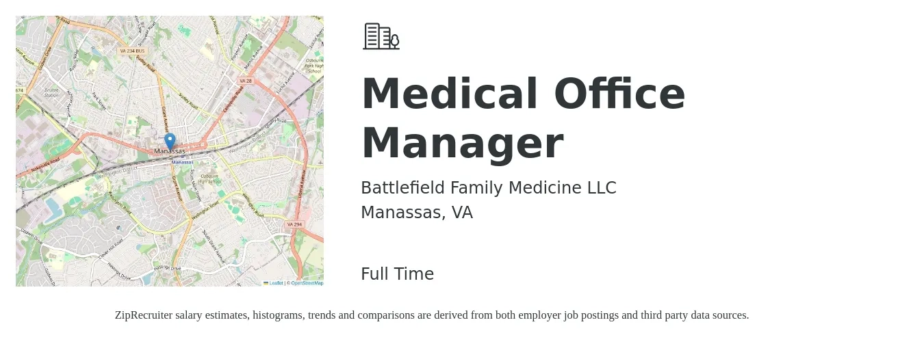 Battlefield Family Medicine LLC job posting for a Medical Office Manager in Manassas, VA with a salary of $45,000 to $65,000 Yearly with a map of Manassas location.