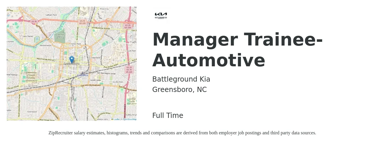 Battleground Kia job posting for a Manager Trainee-Automotive in Greensboro, NC with a salary of $16 to $24 Hourly with a map of Greensboro location.