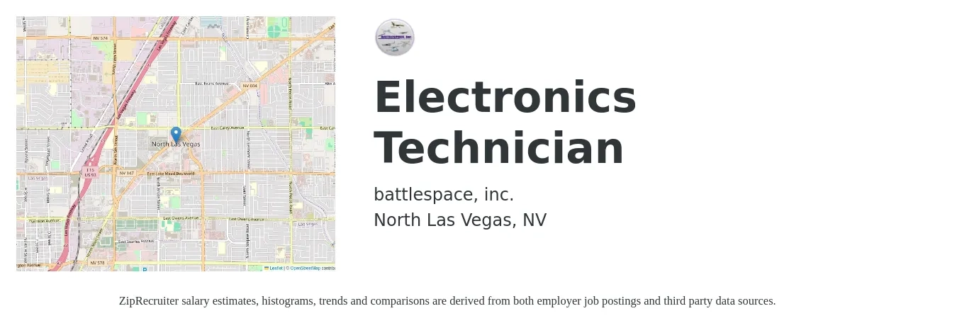 battlespace, inc. job posting for a Electronics Technician in North Las Vegas, NV with a salary of $43,800 to $66,600 Yearly with a map of North Las Vegas location.