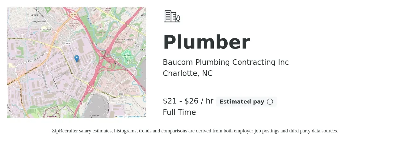 Baucom Plumbing Contracting Inc job posting for a Plumber in Charlotte, NC with a salary of $22 to $28 Hourly and benefits including pto, and retirement with a map of Charlotte location.