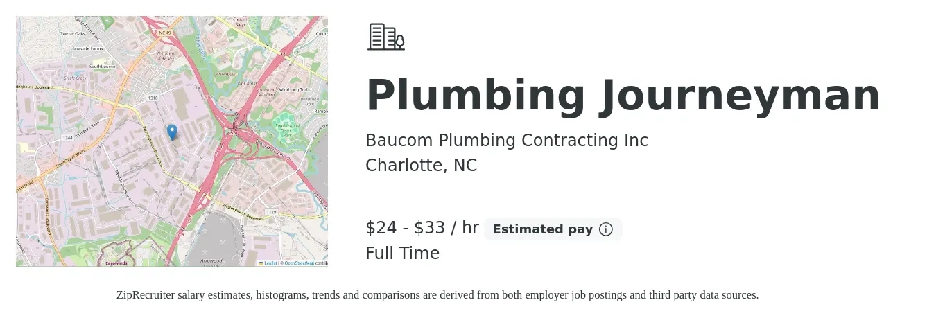 Baucom Plumbing Contracting Inc job posting for a Plumbing Journeyman in Charlotte, NC with a salary of $25 to $35 Hourly and benefits including pto, and retirement with a map of Charlotte location.