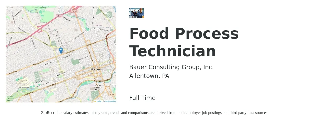 Bauer Consulting Group, Inc. job posting for a Food Process Technician in Allentown, PA with a salary of $20 to $29 Hourly with a map of Allentown location.