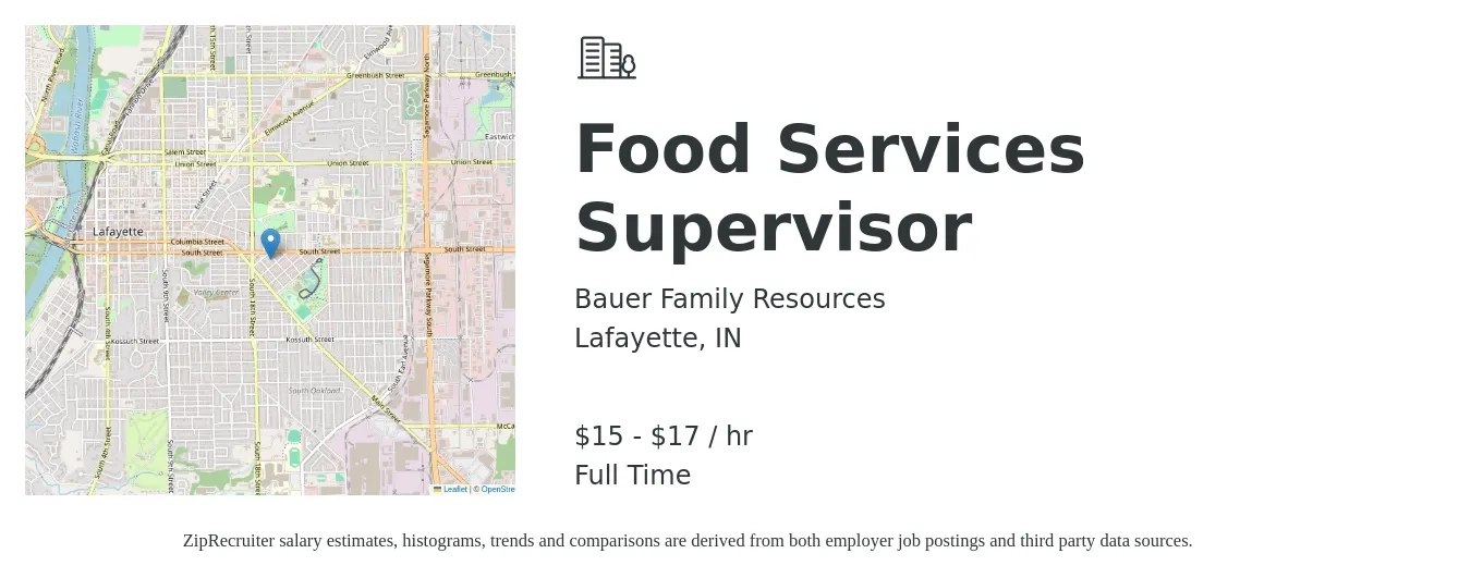 Bauer Family Resources job posting for a Food Services Supervisor in Lafayette, IN with a salary of $16 to $18 Hourly with a map of Lafayette location.