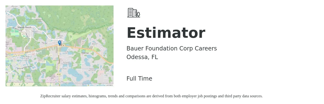 Bauer Foundation Corp Careers job posting for a Estimator in Odessa, FL with a salary of $54,100 to $86,400 Yearly with a map of Odessa location.