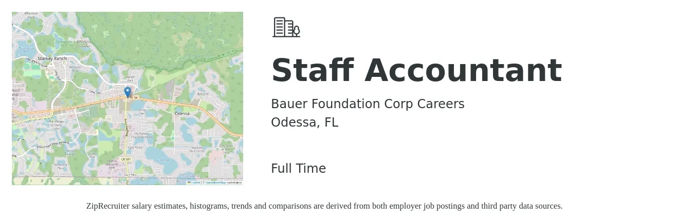 Bauer Foundation Corp Careers job posting for a Staff Accountant in Odessa, FL with a salary of $48,000 to $63,300 Yearly with a map of Odessa location.