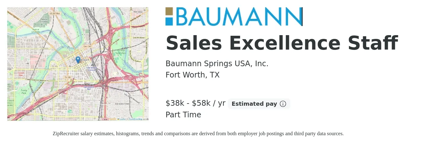 Baumann Springs USA, Inc. job posting for a Sales Excellence Staff in Fort Worth, TX with a salary of $38,000 to $58,000 Yearly with a map of Fort Worth location.