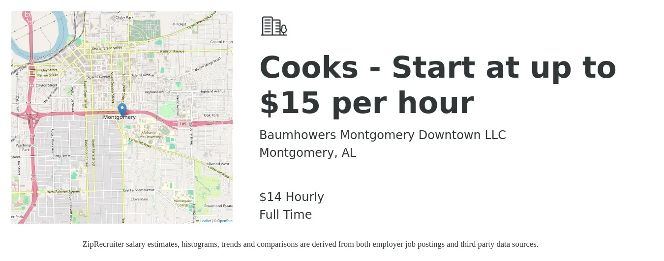 Baumhowers Montgomery Downtown LLC job posting for a Cooks - Start at up to $15 per hour in Montgomery, AL with a salary of $15 Hourly with a map of Montgomery location.