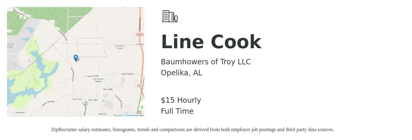 Baumhowers of Troy LLC job posting for a Line Cook in Opelika, AL with a salary of $16 Hourly with a map of Opelika location.