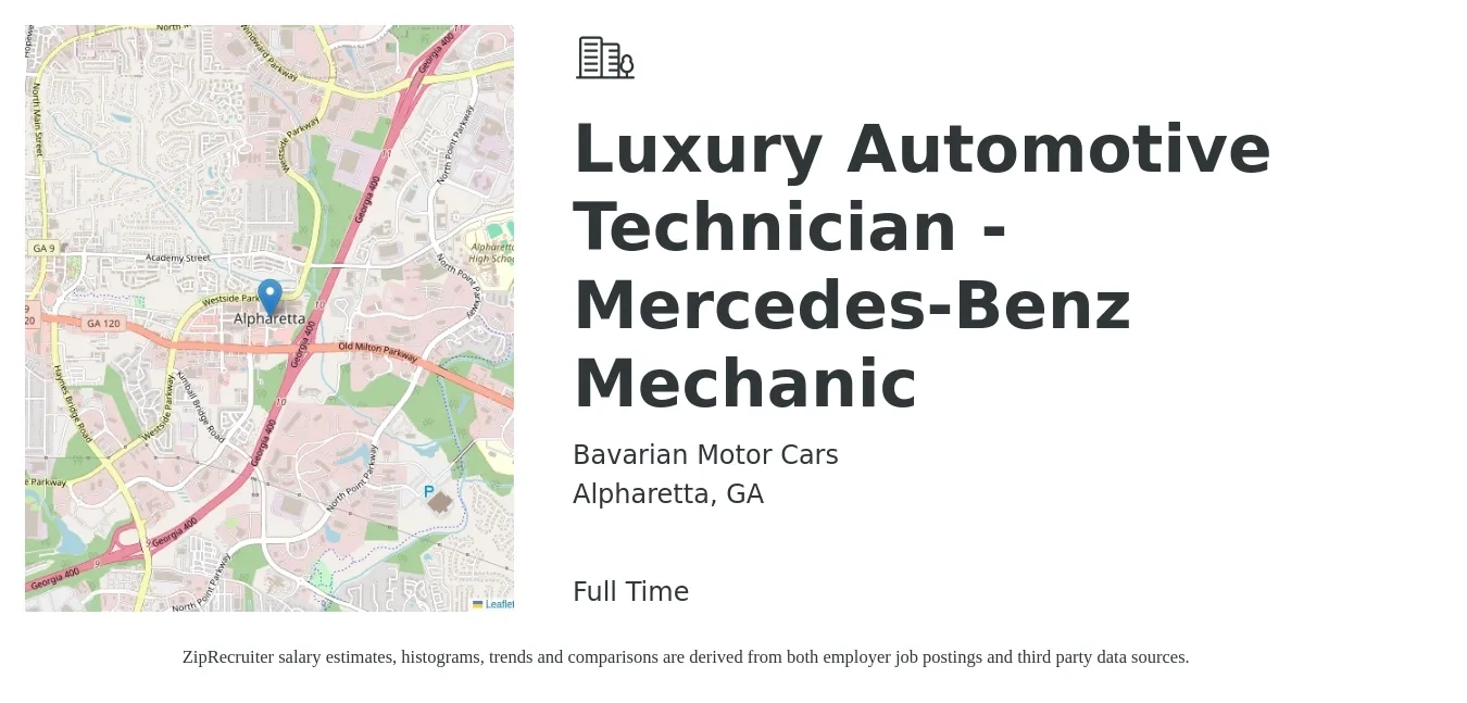 Bavarian Motor Cars job posting for a Luxury Automotive Technician - Mercedes-Benz Mechanic in Alpharetta, GA with a salary of $21 to $33 Hourly with a map of Alpharetta location.