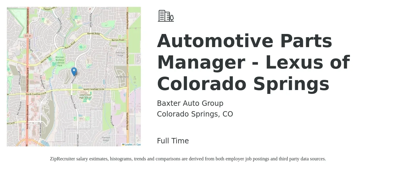 Baxter Auto Group job posting for a Automotive Parts Manager - Lexus of Colorado Springs in Colorado Springs, CO with a salary of $5,000 Monthly with a map of Colorado Springs location.