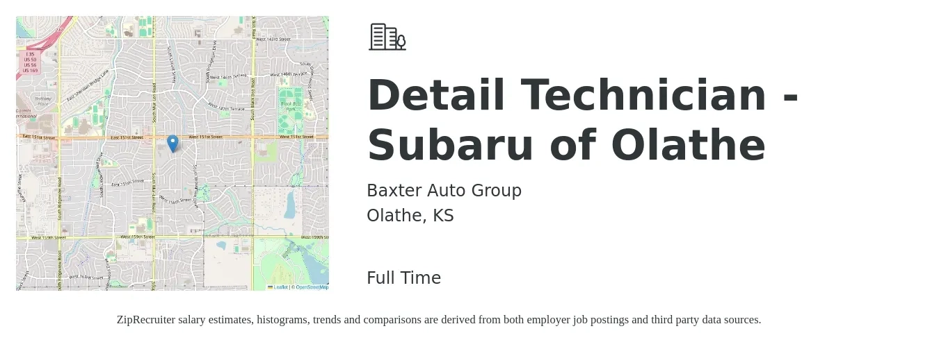 Baxter Auto Group job posting for a Detail Technician - Subaru of Olathe in Olathe, KS with a salary of $20 to $33 Hourly with a map of Olathe location.
