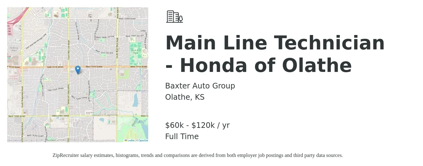 Baxter Auto Group job posting for a Main Line Technician - Honda of Olathe in Olathe, KS with a salary of $60,000 to $120,000 Yearly with a map of Olathe location.