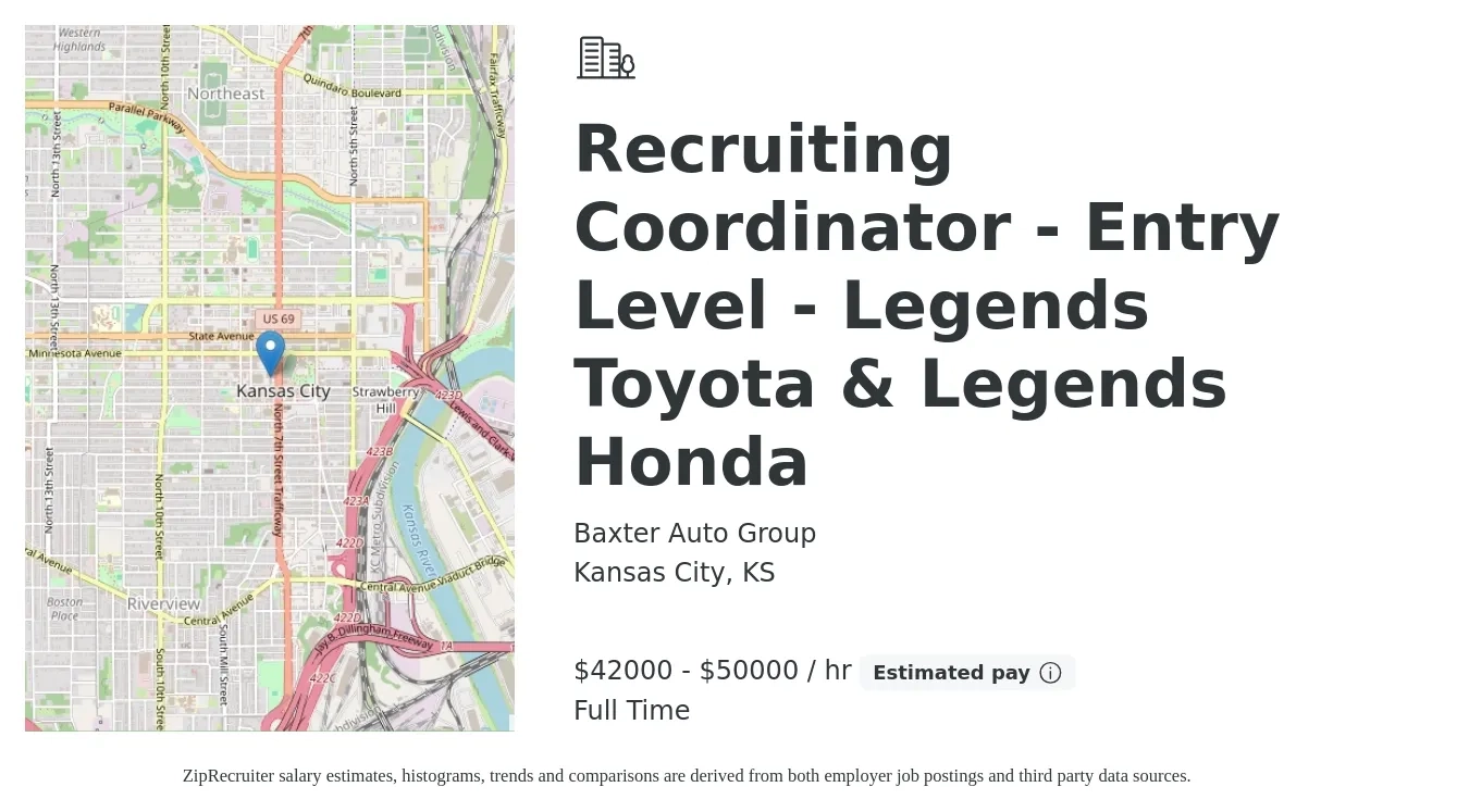 Baxter Auto Group job posting for a Recruiting Coordinator - Entry Level - Legends Toyota & Legends Honda in Kansas City, KS with a salary of $43,680 to $52,000 Hourly with a map of Kansas City location.