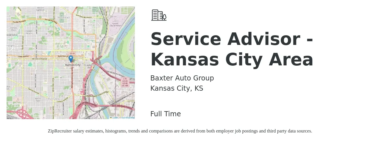 Baxter Auto Group job posting for a Service Advisor - Kansas City Area in Kansas City, KS with a salary of $18 to $28 Hourly with a map of Kansas City location.
