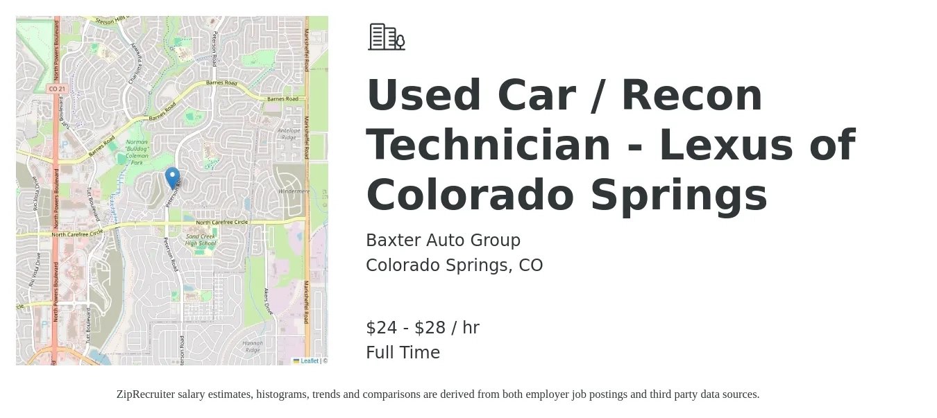Baxter Auto Group job posting for a Used Car / Recon Technician - Lexus of Colorado Springs in Colorado Springs, CO with a salary of $25 to $30 Hourly with a map of Colorado Springs location.
