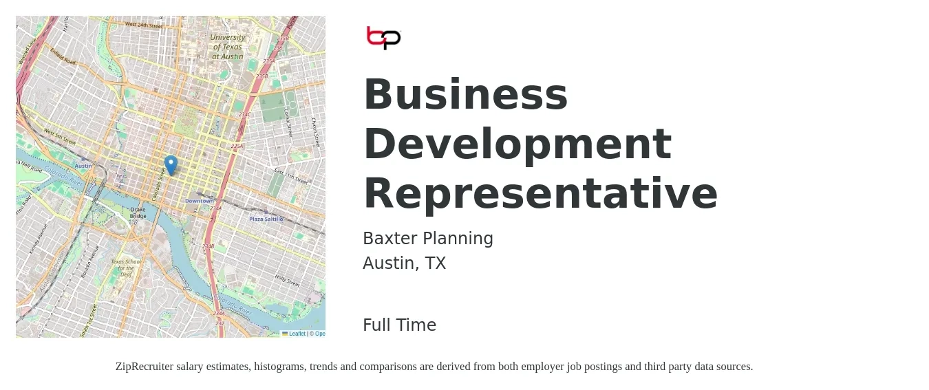 Baxter Planning job posting for a Business Development Representative in Austin, TX with a salary of $44,600 to $69,400 Yearly with a map of Austin location.